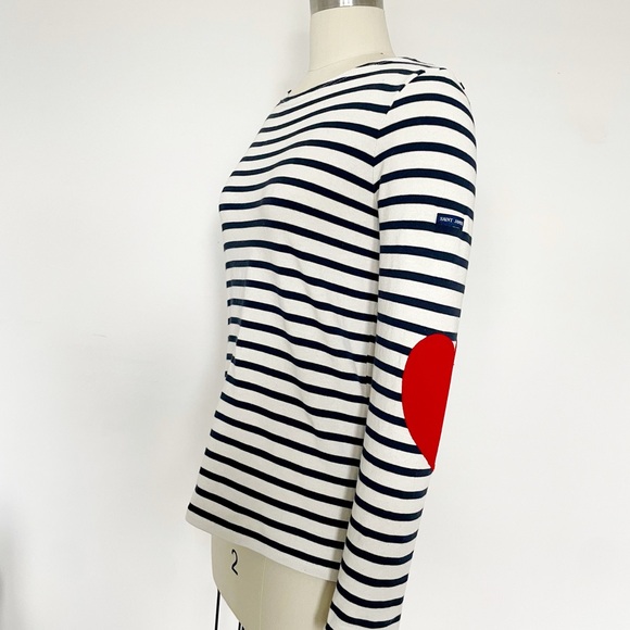 Saint James Atelier Vaujany Stripe Long Sleeve Top with Red Heart Patches - Picture 2 of 14